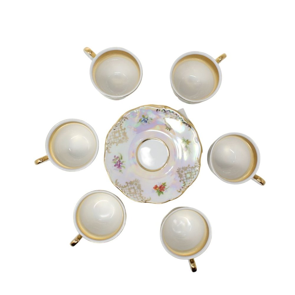 Moritz Zdekauer Czech Republic Iridescent Porcelain Tea Cup And Saucer 12PC Set - Picture 1 of 12